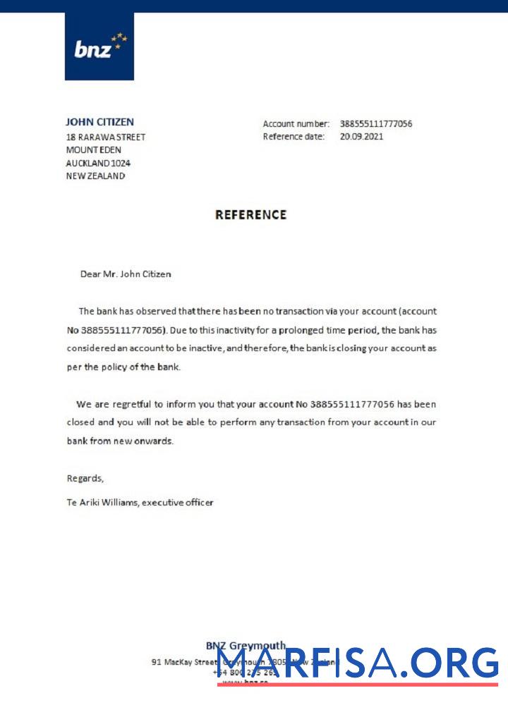 Downloadable New Zealand BNZ closure reference real example